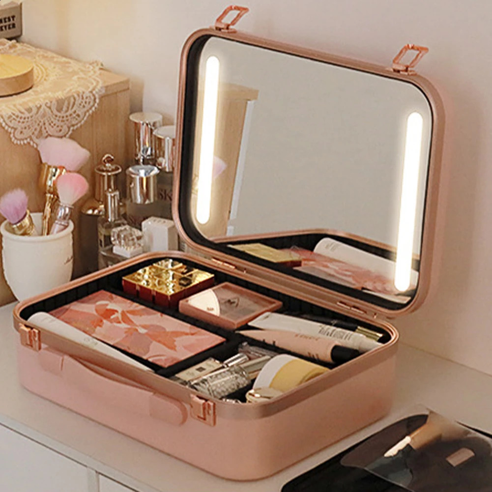 Smart LED Makeup Bag With Mirror Large Capacity Compartments Waterproof PU Leather Travel Cosmetic Case For Women 241226