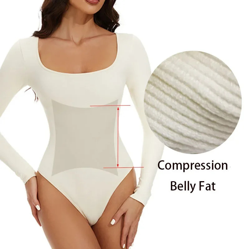 GUUDIA Spandex Elastic Body Suit Shapewear Women Body Shaper Tummy Control Long Sleeve Open Crotch Big U Neck Seamless Shapers 241225