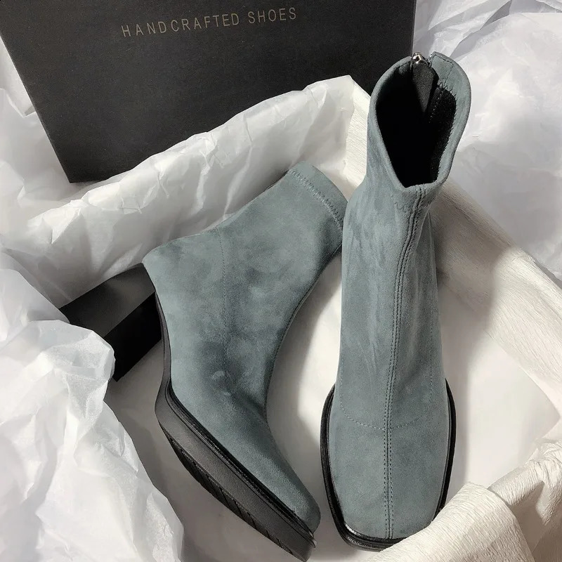 Square Toe Women Ankle Boots Elegant High Heels Ladies Back Zippers Suede Short Booties Winter Womens Mordern Footwear 241226
