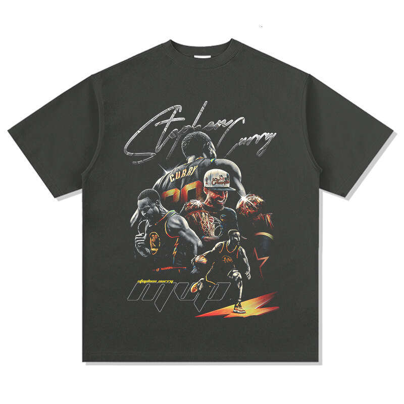 Curry American Street Basketball Figure Printed Short Sleeve Men's and Women's Pure Cotton Round Neck Hoodie