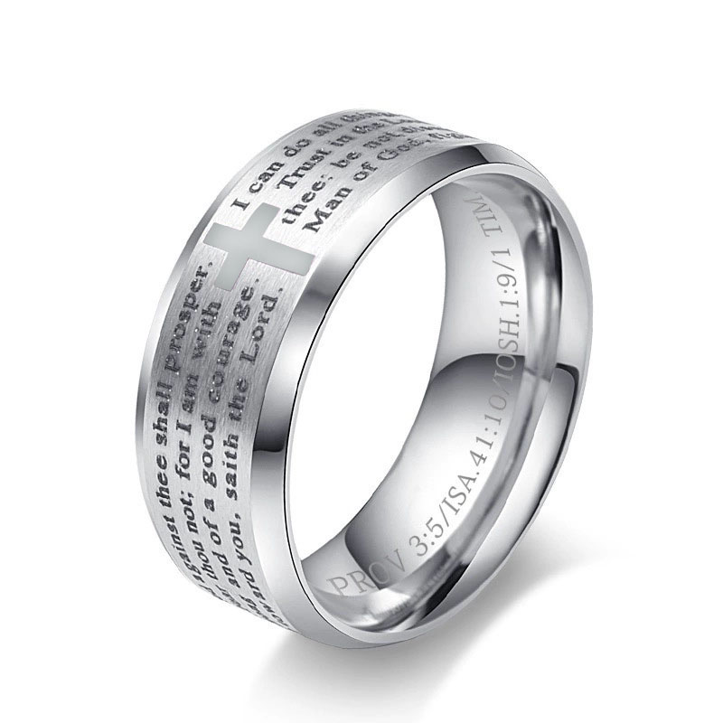Titanium Steel Engrave Cross Scripture Ring for Men Women Bible Cross Ring Mens Religious Stainless Steel Ring Jesus Tattoo Christianity Cross Letter 