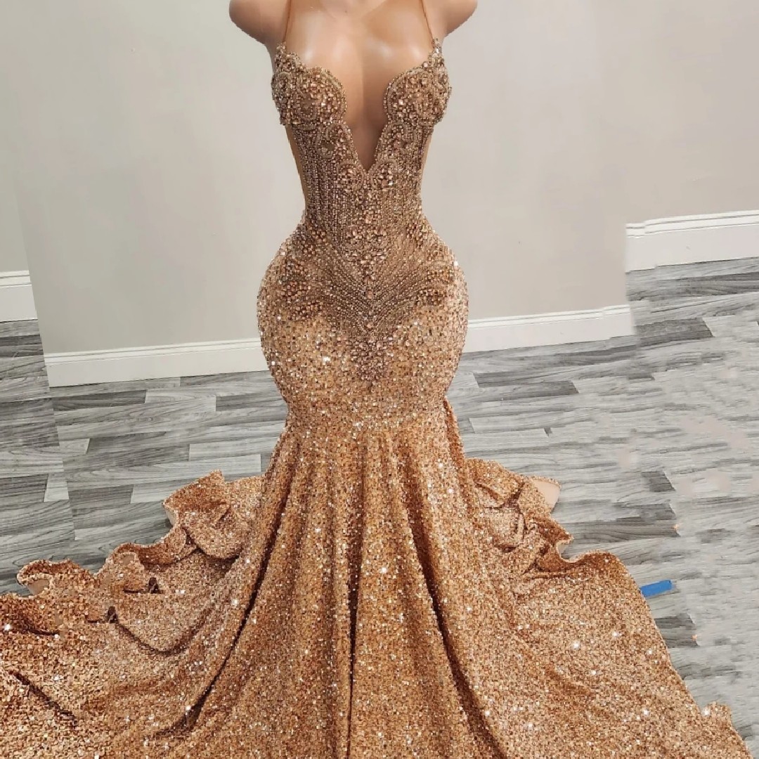 2025 Gold Rhies Sequin Prom Dresses Blackgirls Crystal Beaded Long Birthday Party Formal Gowns Evening Dress Sexy Robe De Soriee