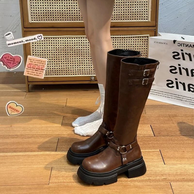 Denim Boots for Women Motorcycle Boots Retro Brown Belt Buckle Round Head High Women Boots Ladies Platform Boots Shoes for Women 241226