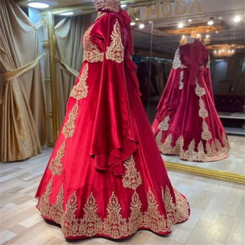 Traditional Red Moroccan kaftan Evening Dress Turkish Appliques Lace Muslim Prom Dress Long Sleeve Arabic Dubai Party Abaya Vestio De Fiesta Robe De M