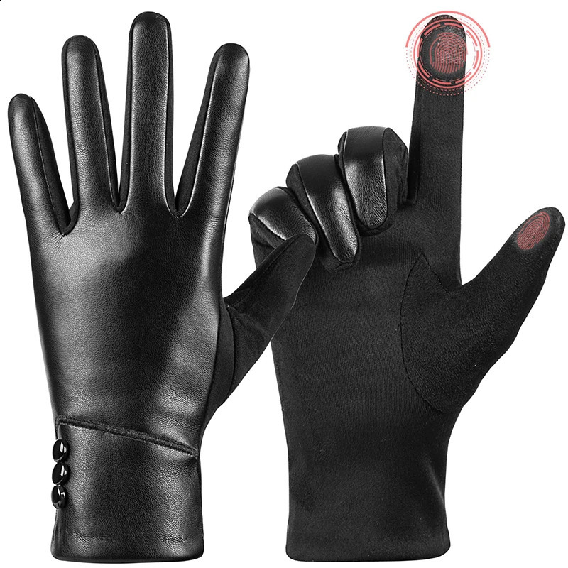 Winter Fashion Leather Gloves For Women Touch Screen Wool Lined Outdoor Windproof Warm Suede Driving Dress Gloves 241226