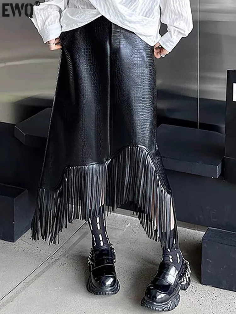 EWQ Elastic Waist Fringe Skirt Black Trendy Womens Clothing Elegant High Aline leather Skirts Y2k 2025 summer GZ23 241223