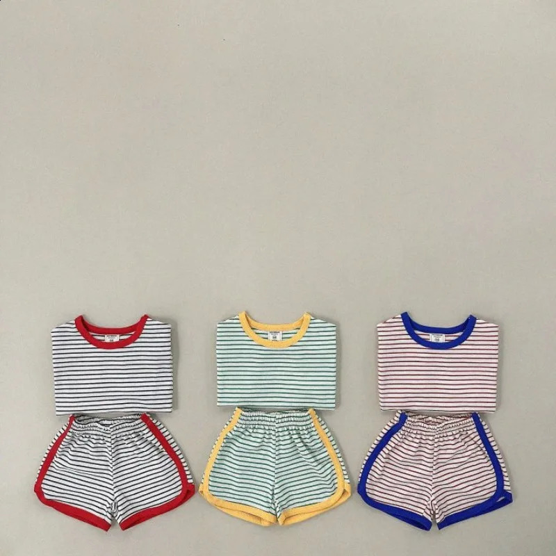 16Yrs Baby Girls Summer Striped Clothes Children Causal Cotton Short Sleeve TShirts Shorts 2Pcs Unisex Boys Loose Tracksuits 241225