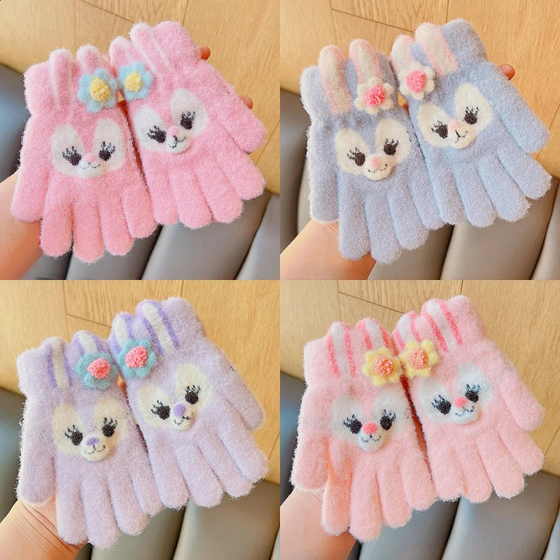 Winter Baby Girls Sweet Soft Cartoon Knitted Yarn Keep Warm Gloves Children Lovely Five Finger Gloves Kids Fashion Gloves 241226