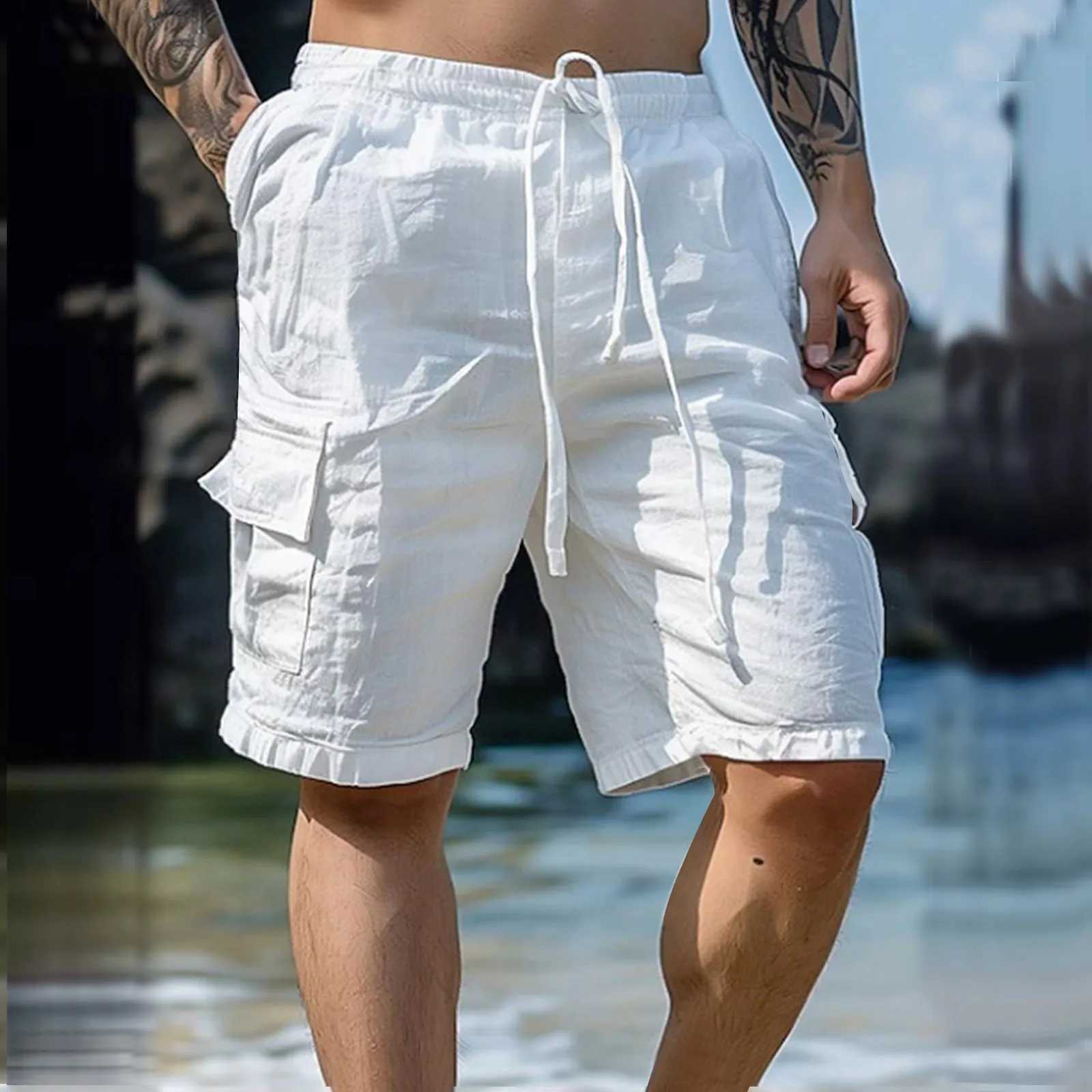 Summer fashion loose white cargo shorts mens streetwear beachwear solid color pocket shorts exercise pants 2024 W241226
