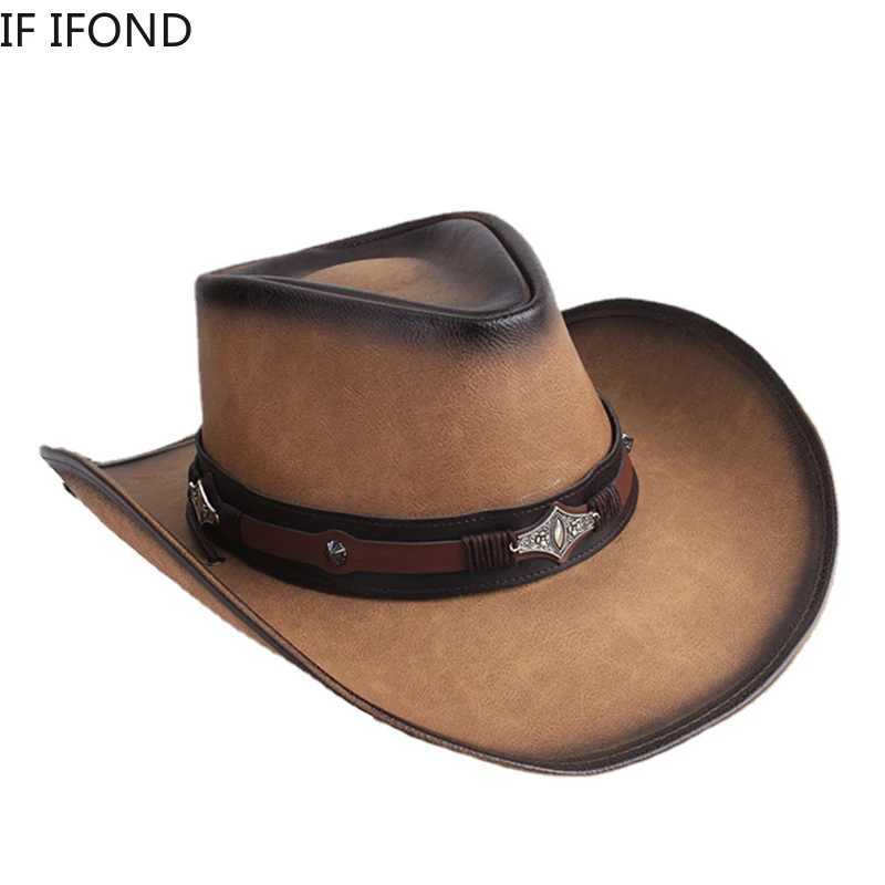 New Leather Mens and Womens Western Cowboy Hat Wide Brown Godfather Hat Gentlemens Church Sombrero Hombre Jazz C W241225