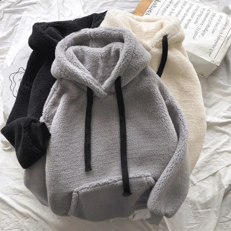 Lamb Wool Hoodies Autumn Winter Korean Style Loose Hooded Sweatshirts Long Sleeve Pullover Patch Pocket Warm Jacket 241225