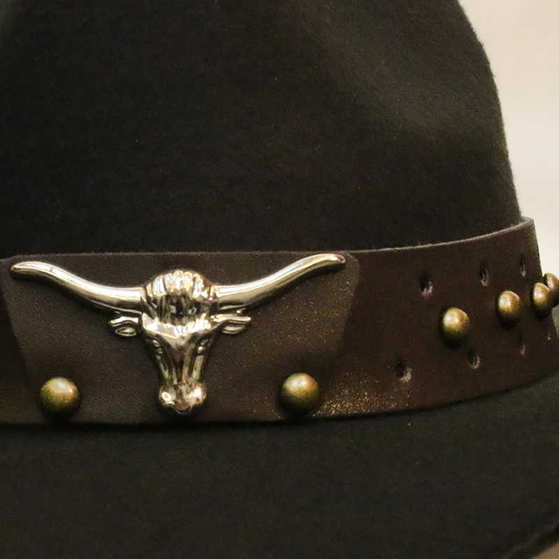 Retro Cow Head Rivet Belt Neutral Womens/Childrens Wool Wide Brown Sun Cowboy Western Cowboy Hat C 54-57-61cm W241225