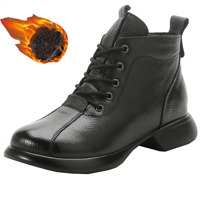 Handmade real leather boots womens autumn waterproof shoes ladies lace up oxfords woman wide toe ankle boots mom plush booties 241226