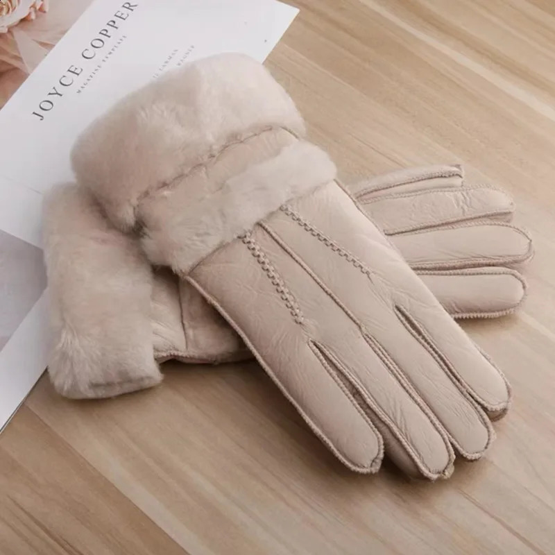Women Gloves Genuine Leather Fur Glove For Women Keep Warm Windproof Cycling Driving Gloves Ourdoor Thick Five Finger Gloves 241226