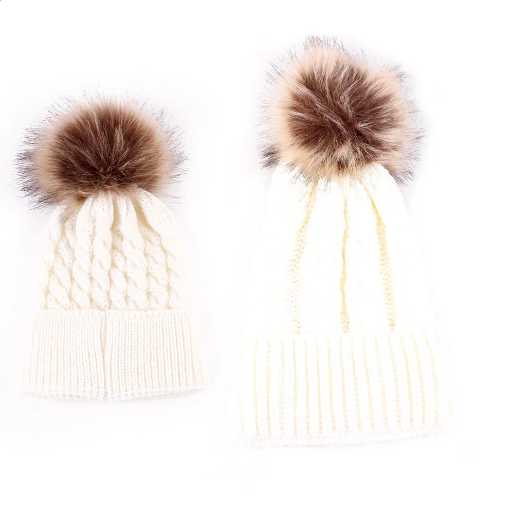 Famliy Matching Hats 2PcsSet Mother Kid Baby Child Warm Winter Knit Beanie Fur Pom Hat Crochet Ski Cap Soft Solid Cute 241225