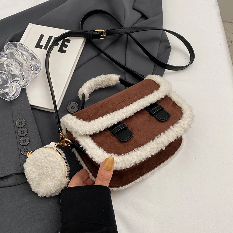 Winter Womens Plush Small Square Bag Color Contrast Single Shoulder Crossbody Bag Brown Handbag241226