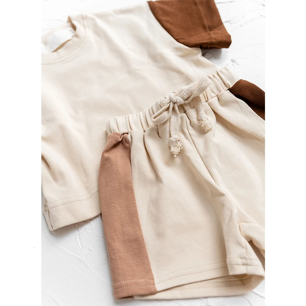 2025 Summer Toddler Girls Cotton Short Sleeve TopShorts Set Baby Boys Shortsleeve Tee Outfits Sets Kids Stitching Color Clothes 241225