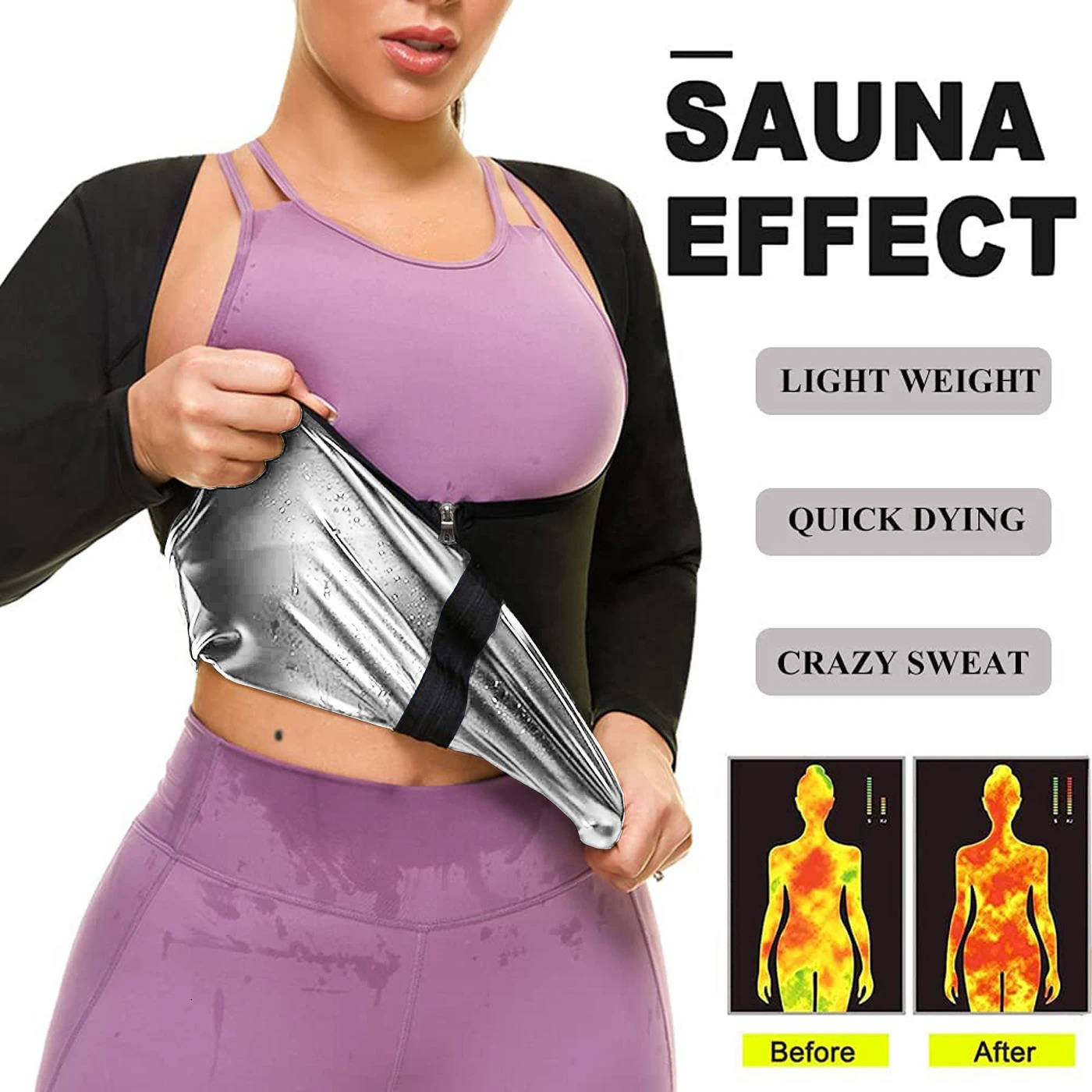 LISA SWEAT Sauna Suit for Women Sweat Body Shaper Waist Trainer Long Sleeve Zipper Shirt Workout Top Silver 241225