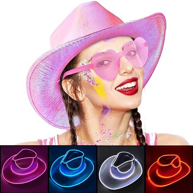 Western style LED cowboy hat denim hat retro LED light Brim jazz top hat luminous bridal hat role-playing clothing denim suit W241225