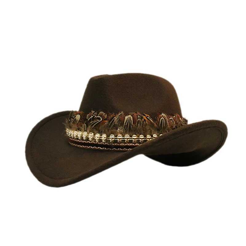 Retro Feather Skull Belt Unisex Womens Mens/Childrens Wool Wide Brim Sun Cowboy Western Cowboy Hat C 54-57-61cm W241225