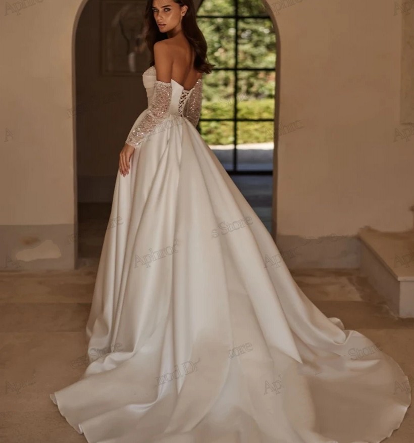 Wedding Modern Bride Dresses A E Strapless Satin Pleat Bridal Gowns Sequin Pearls Appliques Sexy Robes High Slit Vestidos De Noiva ppliques