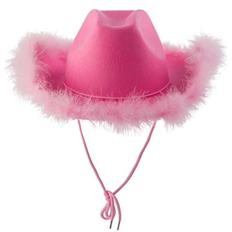 M2EA Fashion Pink Cowboy Hat Fluffy Feather Brim Cowboy Hat Western Cowboy Hat Singles Party Carnival Cosplay W241225