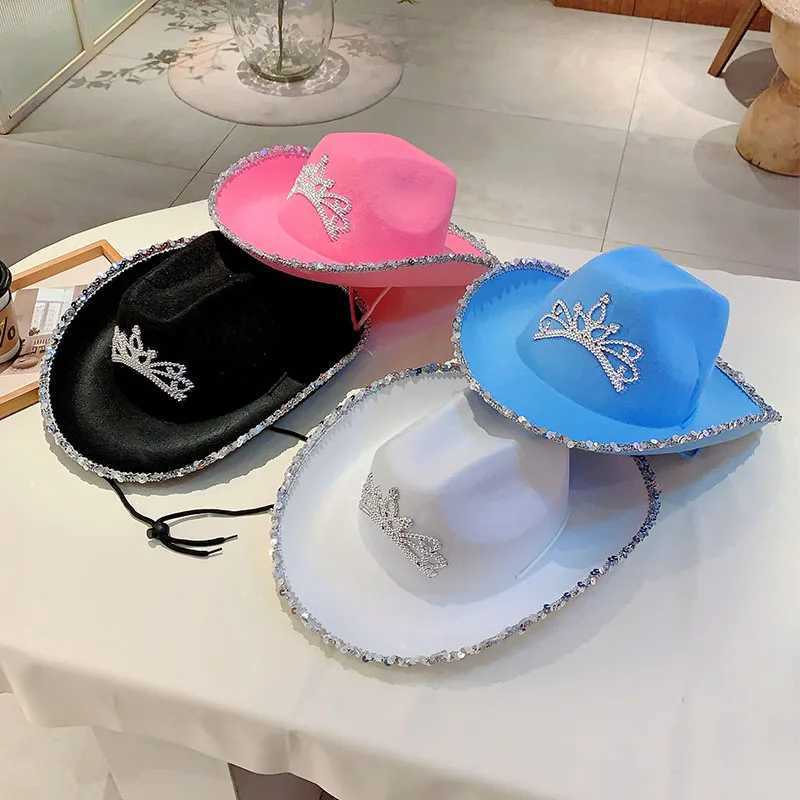 KAMMPT Wide Brim Pink Cowboy Hat Cowboy Girls Party Carnival Western Hat Fashion Shining Crown Glitter Feather Cs W241225