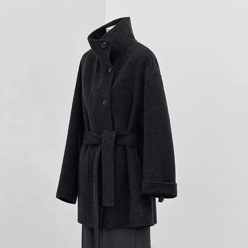 Turtleneck Single Breasted Woolen Coat Laceup Solid Color Elegant Full Sleeve Clothing 241225
