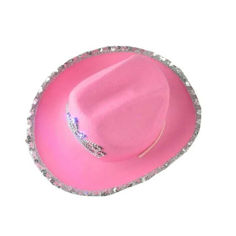 Pink womens denim hat wide brown western hat Y2K sparkling crown sequin feather Cs denim party costume set W241225