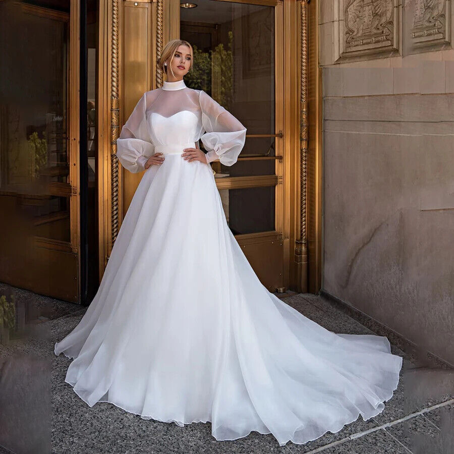 Plus Size Organza Wedding Dresses High Neck Illusion Long Sleeve Bridal Gowns Robe de mariee Custom Made