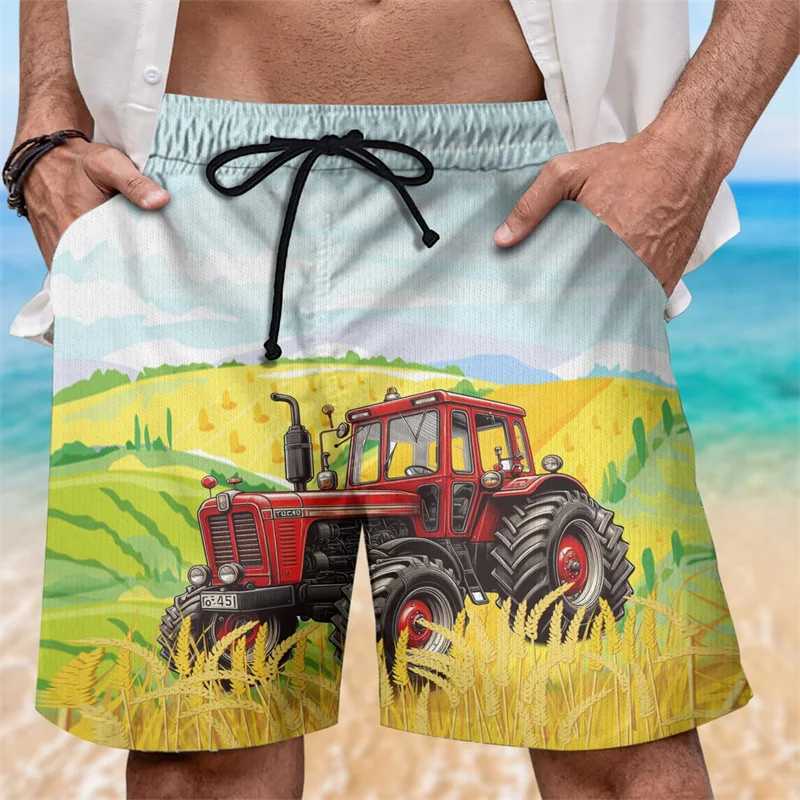3D printed tractor mens shorts farm pattern beach shorts fashionable casual street oversized Hawaiian surfing swim trunks W241226