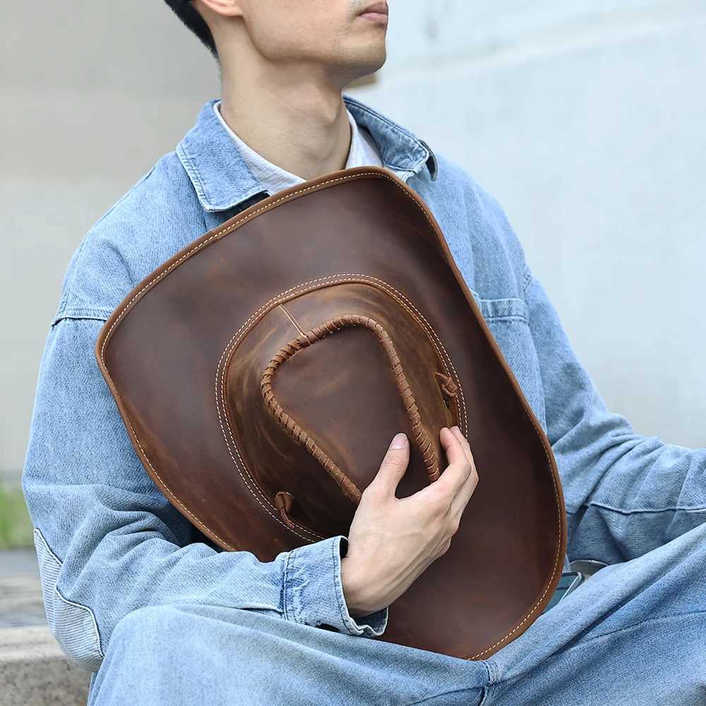 Genuine leather mens Western cowboy hat vintage C handmade suit durable large 60CM outer back hat W241225