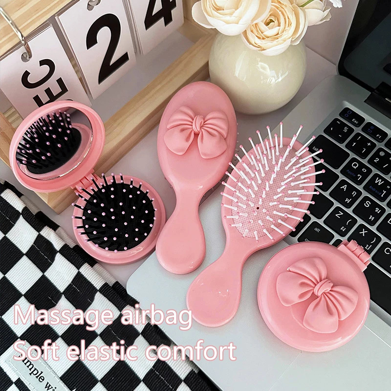 Cute Handheld Folding Massage Comb With Makeup Mirror Travel Portable Plastic Airbag Small Hair Brush Bow Tie Air Cushion Comb 241225