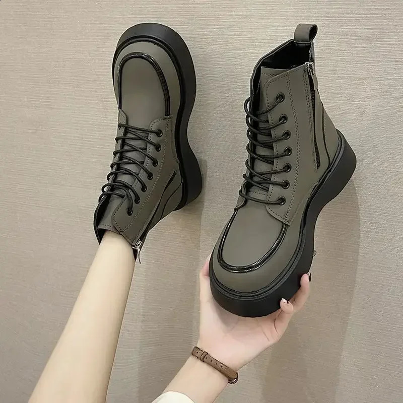 Trend for Spring and Autumn Round-toed Boots High Quality Thick-bottomed British Style Flat Ankle Boots for Women 241226
