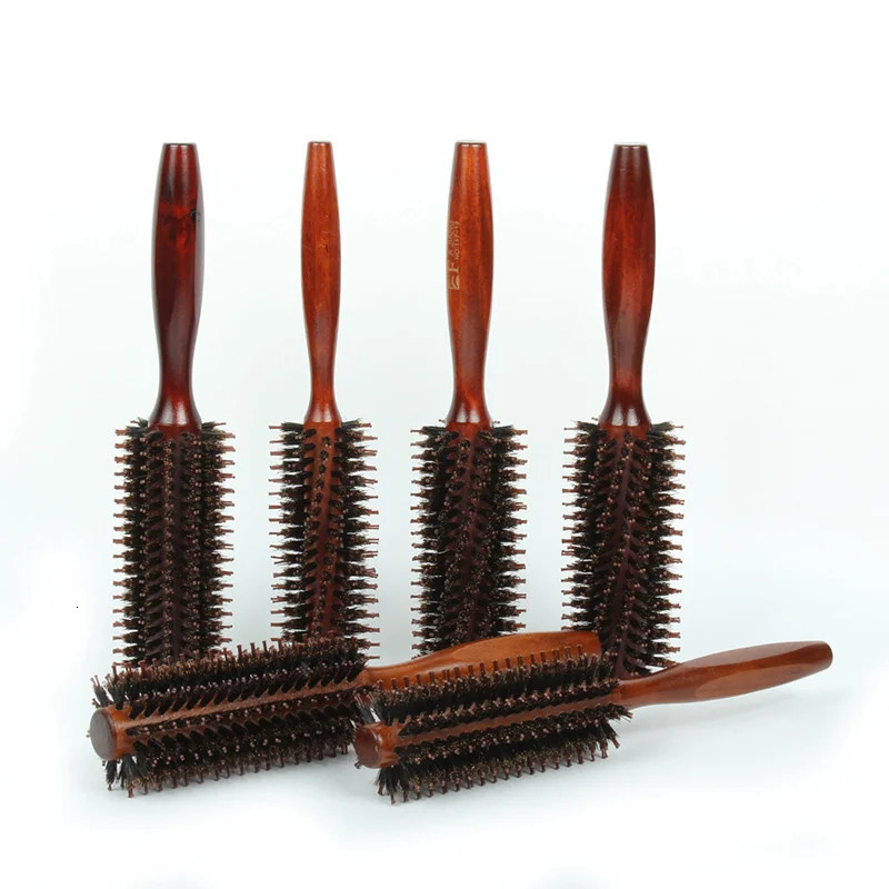 Natural Boar Bristle Hair Curling Comb Straight Twill Rolling Brush Round Barrel Blowing Curling DIY Hairdressing Styling Tool 241225