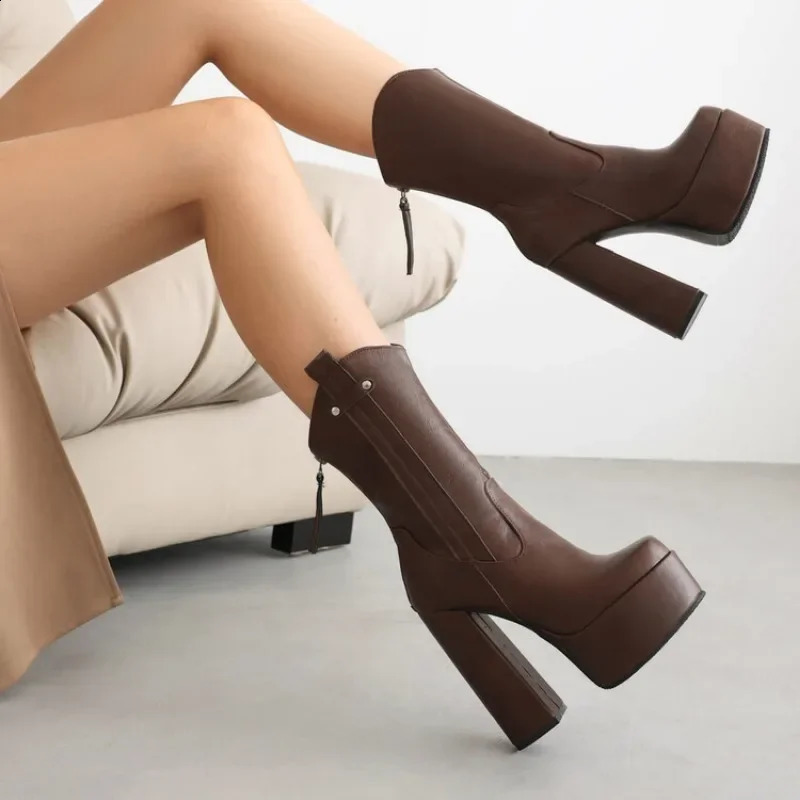 Autumn and Winter styles fashion High heels Womens boots Solid color zipper Round head Ultrahigh heel Women boots high 14cm 241226