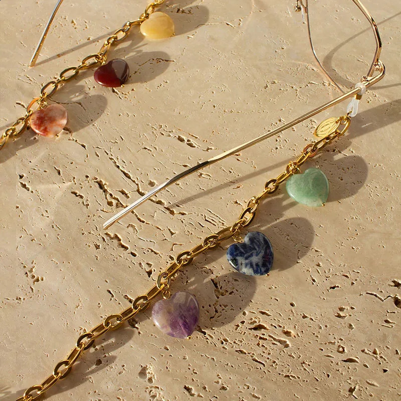 High Quality Stainless Steel Sunglasses Strap est Natural Heart Stone Embellished Glasses Holder Face Cover Chain 241226