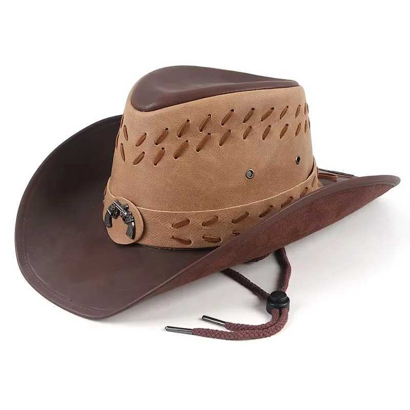 Classic Western Mens Cowboy Hat Womens Cowboy Girl C Artificial Leather Black Outdoor Casual Straw Hat Hombre with Windproof Rope W241225