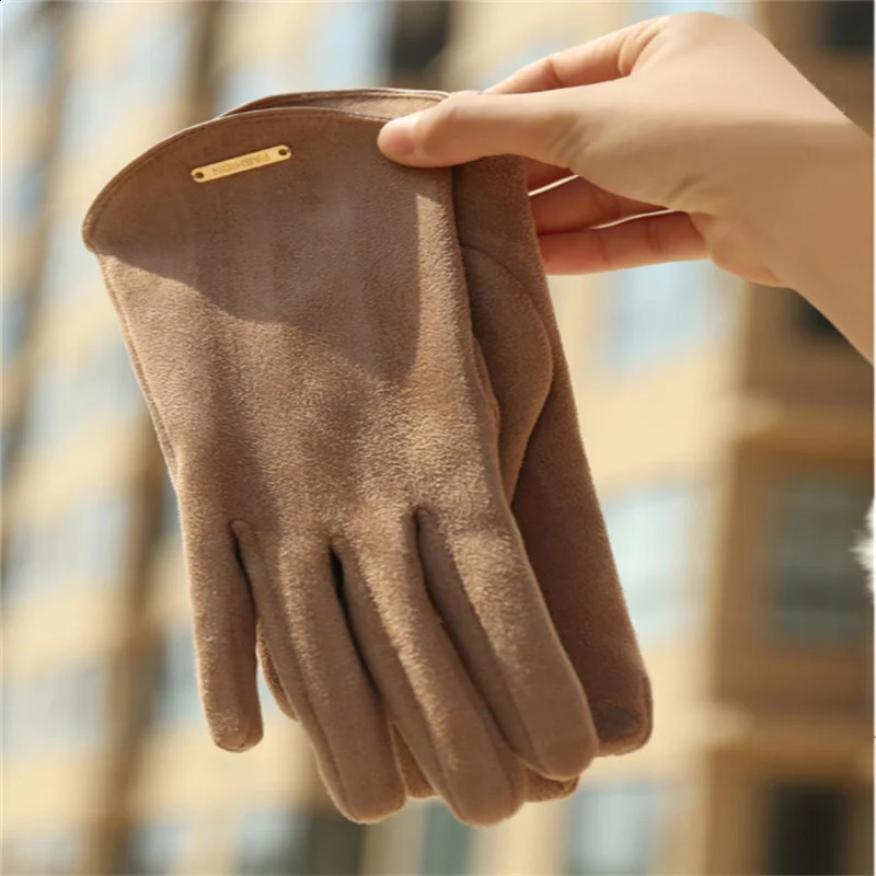 Womans Winter Warm Suede Leather Touch Screen Driving Gloves Mans Cold Plus Velvet Thick Fingerless Flip Cycling Mittens 241226