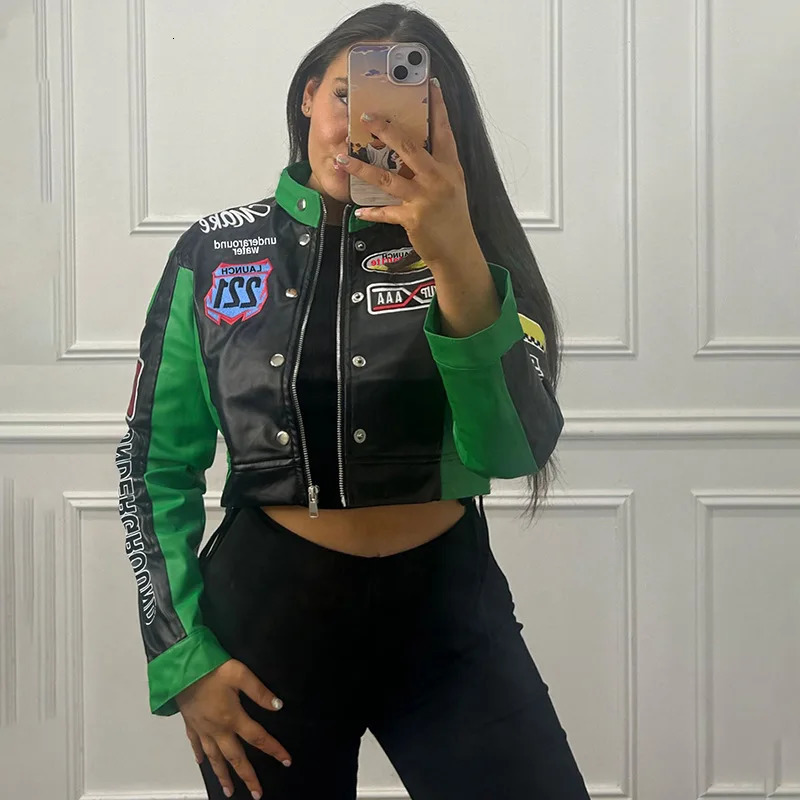 Printed Baseball Jackets Women Crop Varsity Coats Y2K Streetwear Cyber Racer Patchwork Winter Fall Clothing 241218