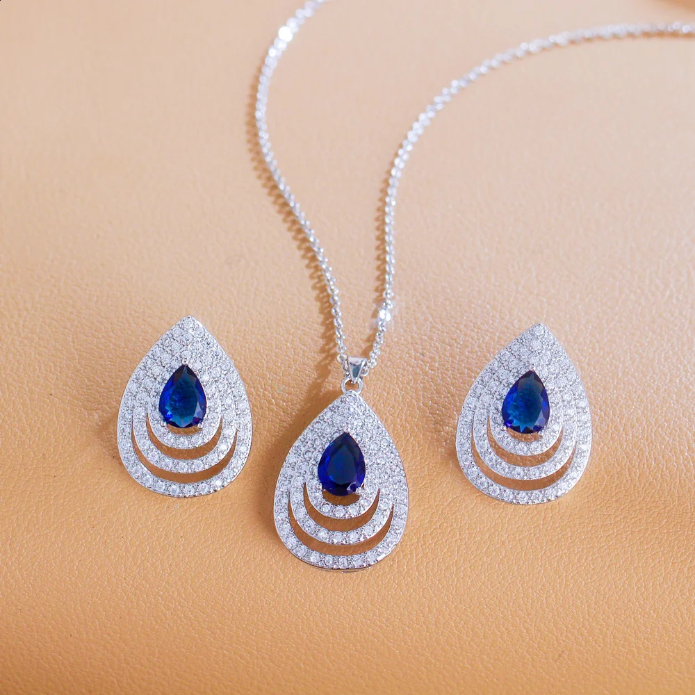ThreeGraces Elegant Earrings and Necklace Ladies Blue Cubic Zirconia Teardrop Fashion Party Jewelry Set For Girls Women T1025 241226