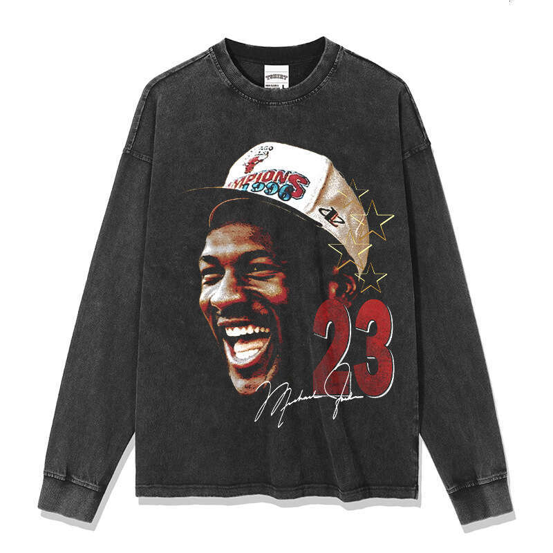Flyman printed short sleeved T-shirt vintage washed distressed pure cotton round neck hooded sweatshirt