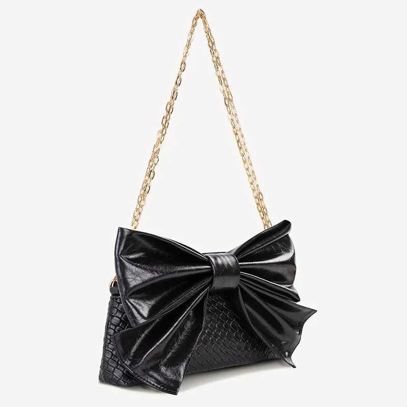 High Quality Luxury gold and silver leather handbag for women sweet PU bow knot clutch metal chain wallet for women elegant wedding party cross body b