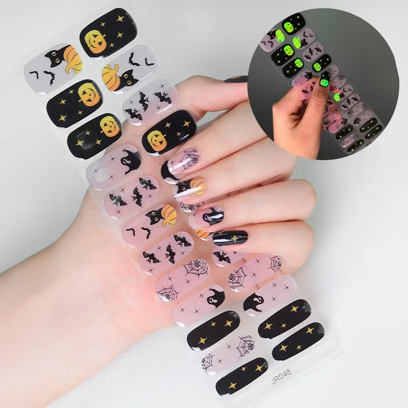 Ghost Gel Nail Stickers Halloween Pumpkin Gothic Flame Spider Web Skull Bones Semi Cure Nail Wraps UV Lamp Need 241225