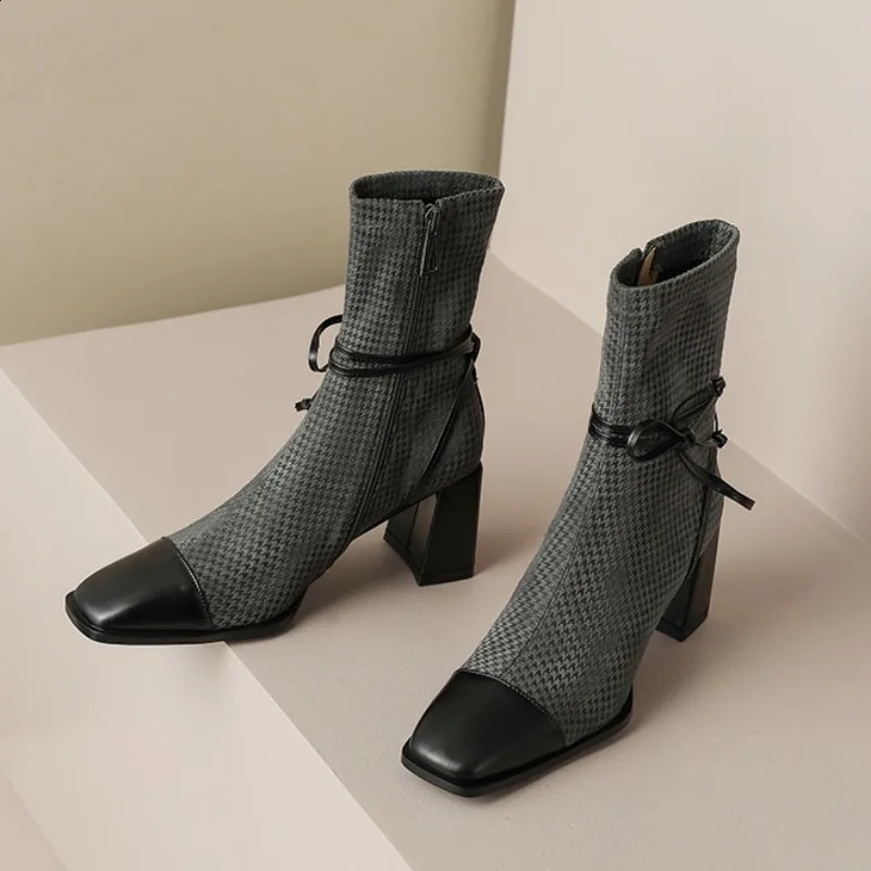 Shoes for Women Square Toe Ladies High Heels Comfortable Thick Heel Office Female Shoes Fashion Womens Ankle Boots 241226