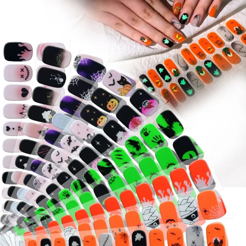 Ghost Gel Nail Stickers Halloween Pumpkin Gothic Flame Spider Web Skull Bones Semi Cure Nail Wraps UV Lamp Need 241225