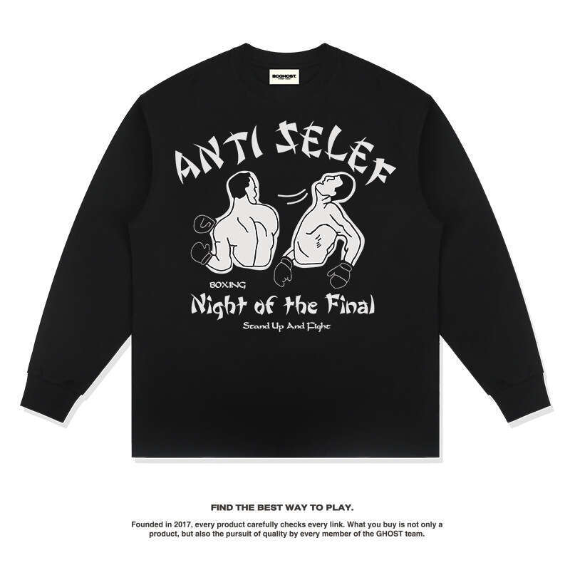 Design American boxing prints autumn winter men and women's long sleeved t-shirts with loose round necklines for a trendy look