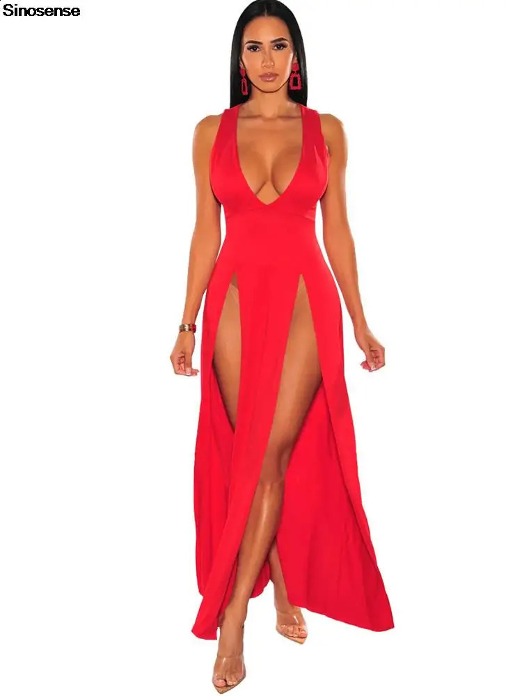 Sexy Deep V Neck High Split Bodycon Cocktail Party Maxi Dress Women Formal Evening Dress Solid Red Summer Long Club Dress 241226