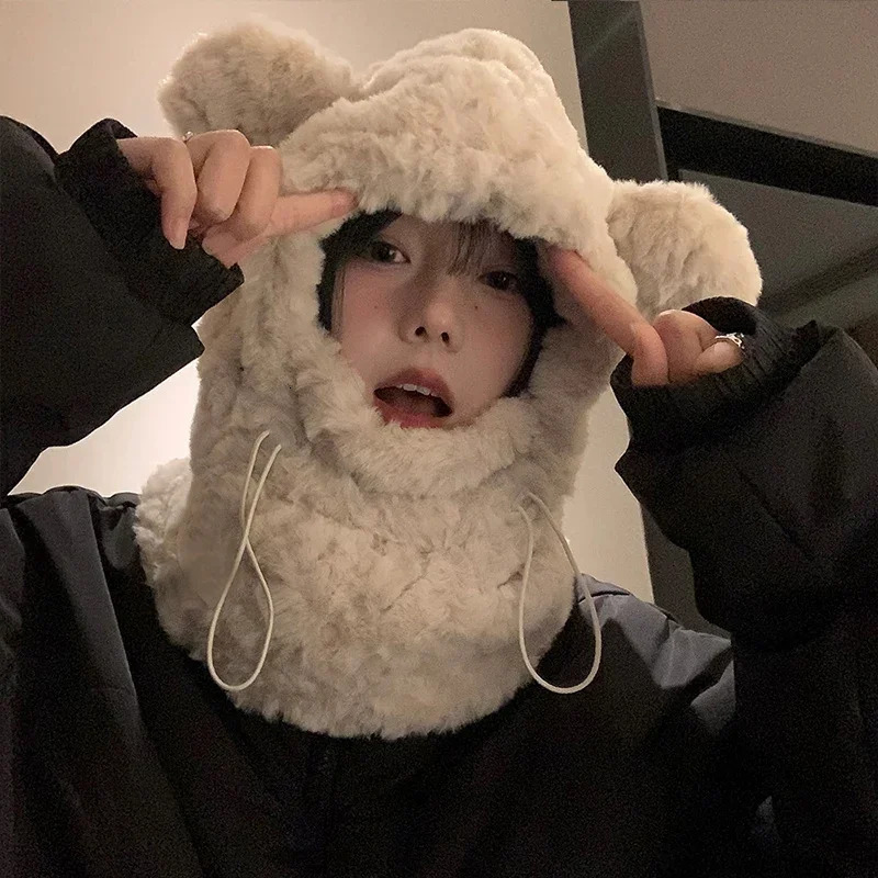 Women Winter Warm Hat Scarf Sets Plush Thickened All-in-one Kawaii Bear Ear Beanie Windproof Scarf Hooded Ear Protection Cap 241225