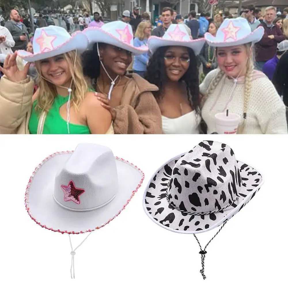 White denim hat pink star denim hat sequin decoration adjustable neck edge Dr String adult denim hat used for costume parties W241225